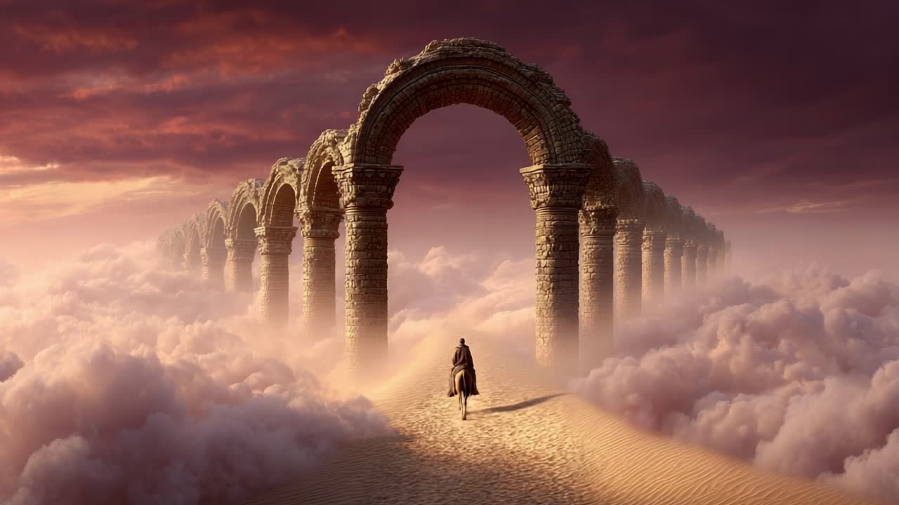 A Journey Through Mystical Arches: A Solitary Rider Ventures into a Dreamlike Landscape of Clouds, Castles, and Fantastical Elements Under a Twilight Sky