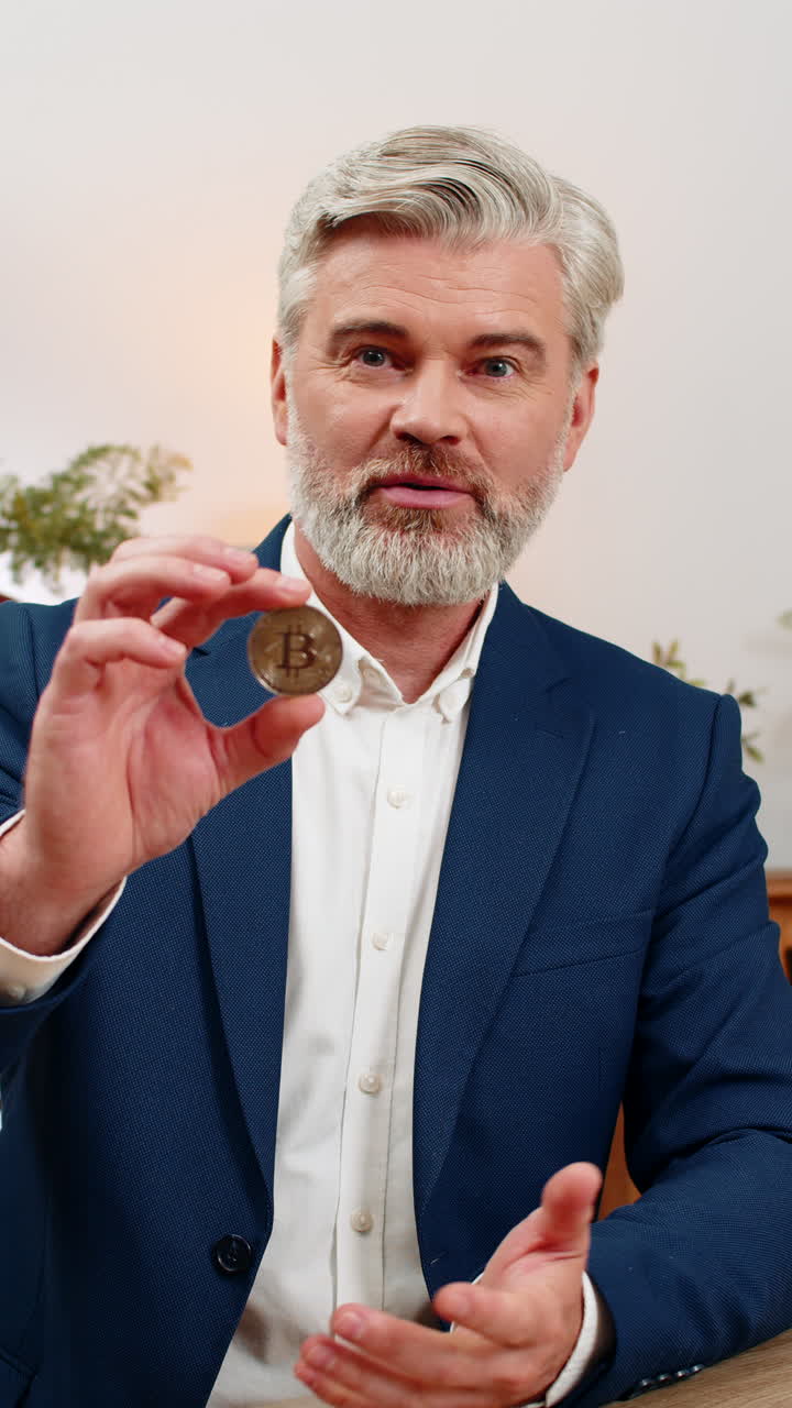 Orta yaşlı bir iş adamı, yatırım potansiyeli iyimserliğini açıklarken kameraya altın bir Bitcoin madeni parası tutuyor.