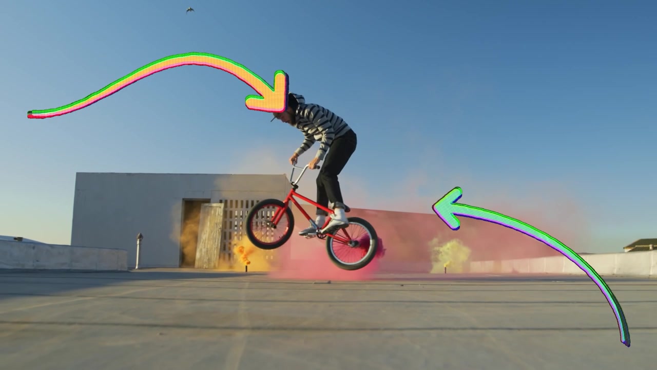 Unge udfører stunts med røgblus og animeret grafik