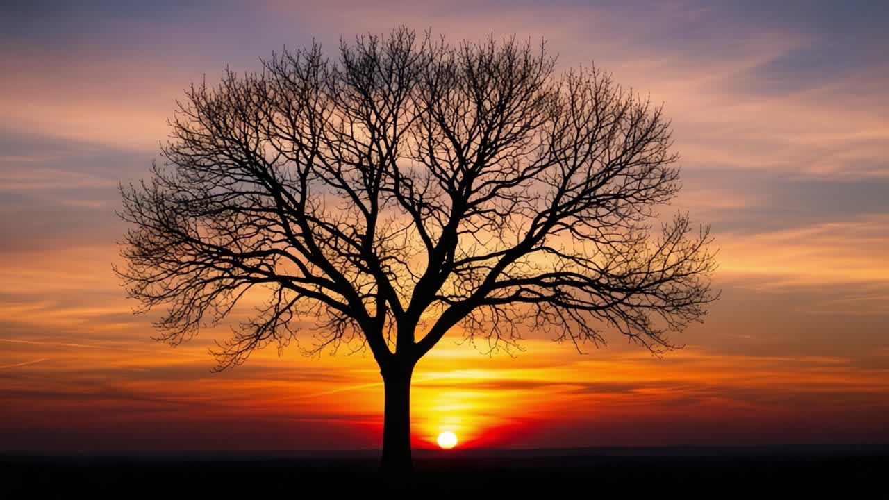 Silhouette of a Majestic Tree Against a Vibrant Sunset Sky, Capturing the Serenity of Nature's Beauty in Rich Colors and Striking Patterns at Dusk