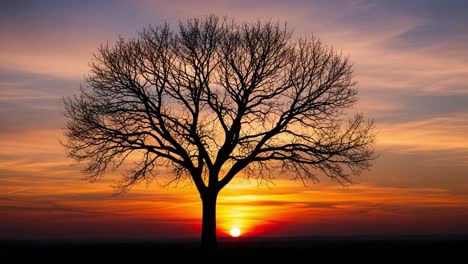 silhouette of a majestic tree against a vibrant sunset sky, capturing the serenity of nature's beauty in rich colors and striking patterns at dusk