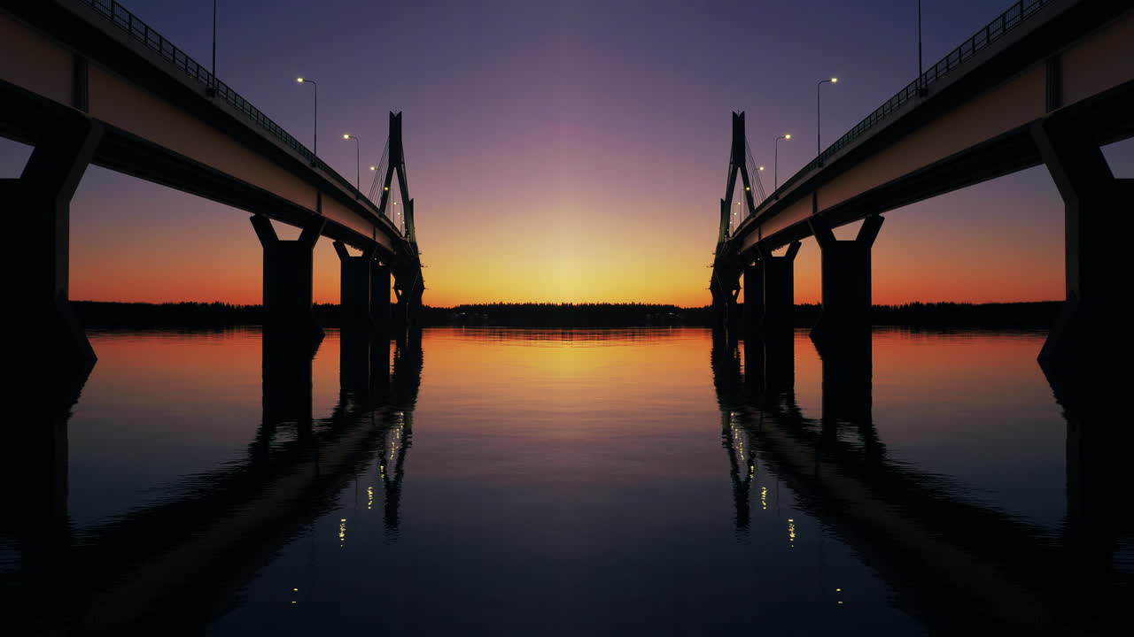 Romantic Night, Two Bridges with Perfect Symmetry, Water Reflection, Sunset