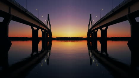 romantic night, two bridges with perfect symmetry, water reflection, sunset