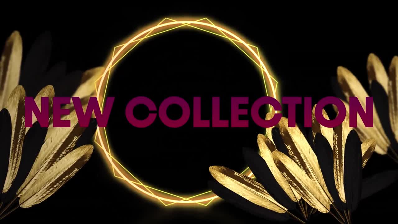 새로운 컬렉션 텍스트와 검은색 배경의 잎 위에 네온 원의 애니메이션