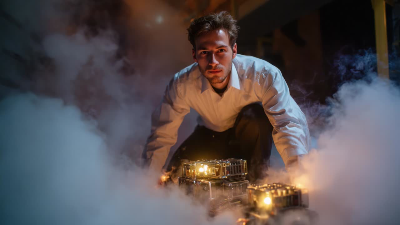 Una persona concentrata è inginocchiata in un'atmosfera mistica, circondata da nebbia vorticosa e gadget illuminati, che mostra un mix di curiosità e determinazione in un'ambientazione surreale e accattivante