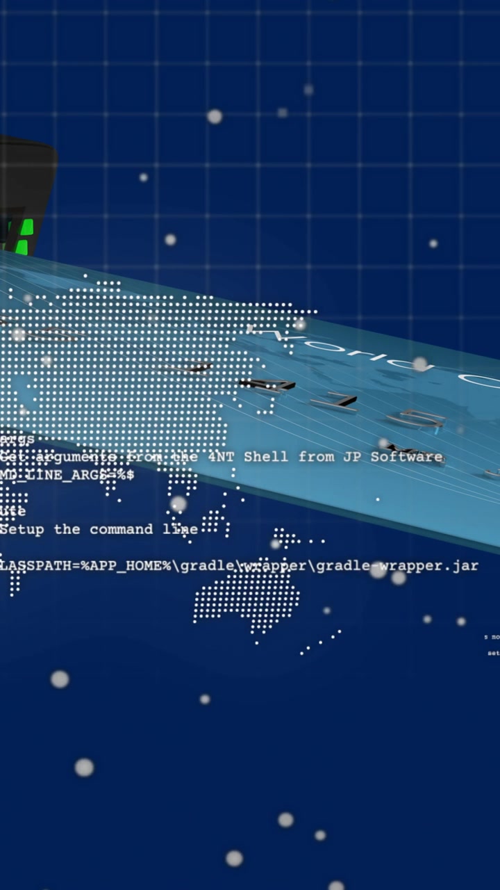 Digital world map with data processing animation over blue grid background