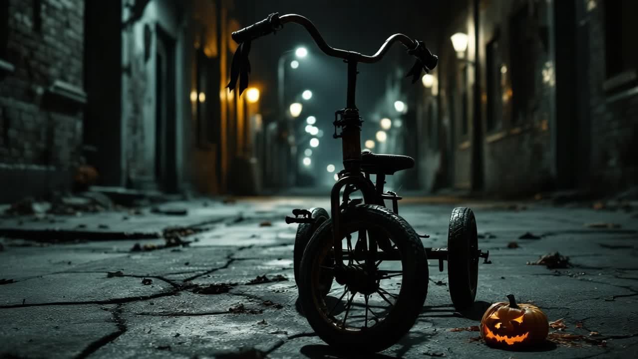 Triciclo abbandonato in un vicolo inquietante con zucca luminosa e lampioni suggestivi.