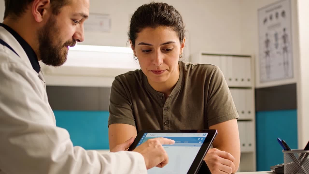 Si vede un medico in camice bianco che spiega le voci inserite su un tablet in una clinica, con un paziente in camicia color kaki che si sporge.