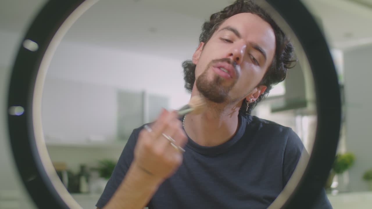 Male Beauty Blogger Applying Makeup on Camera