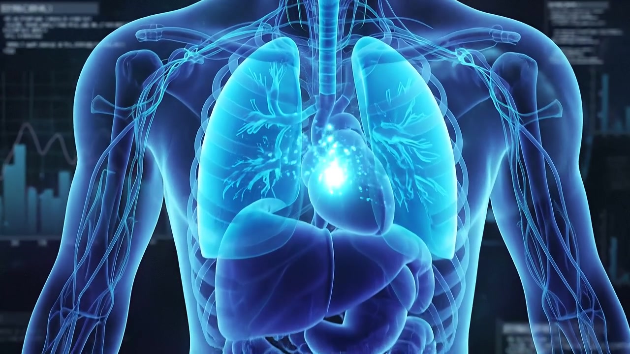 Modello wireframe umano a figura intera in piedi nello spazio profondo con vista diagnostica
