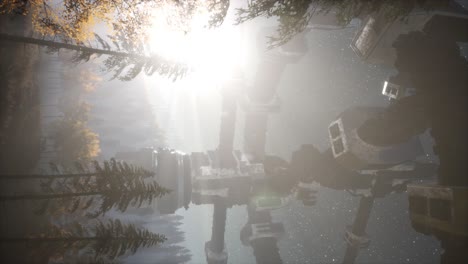 UFO-hovering-over-a-forest-at-night-with-light-beam