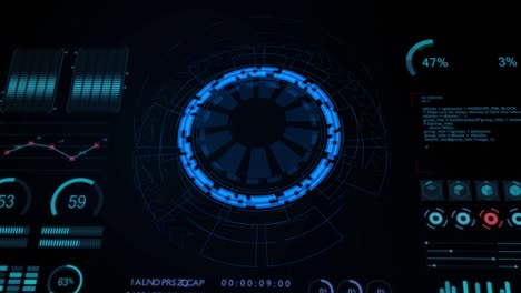 motion graphic of dashboard data report with blue circle rotation and hud graph report percentage, futuristic concept