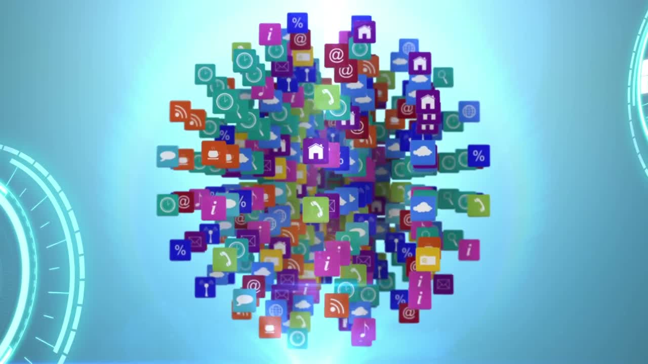 animación de la interfaz digital con iconos en fondo oscuro