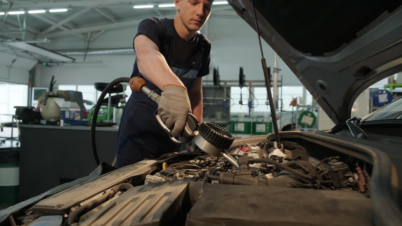 el mecánico de automóviles está cambiando el aceite del motor en un motor en la estación de automóviles. cambio de aceite automatizado con equipos modernos