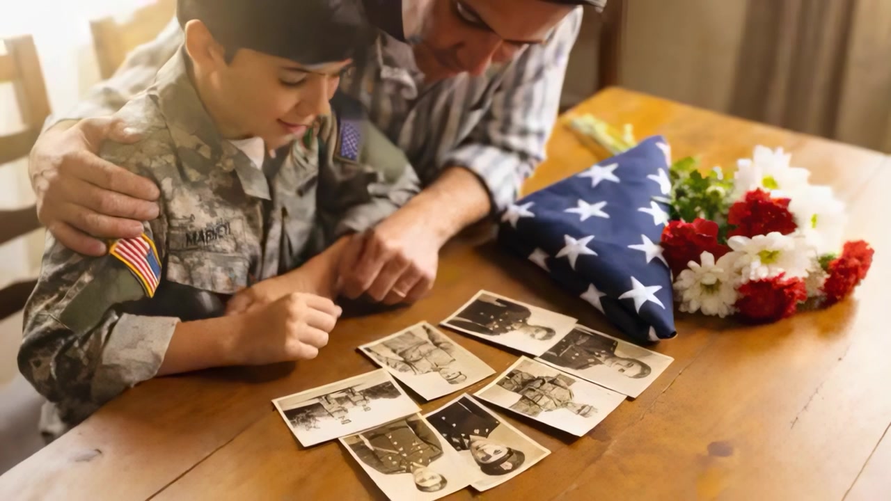 Pointing dad guiding son in camo over vintage military prints at home, flag, flowers commemorating