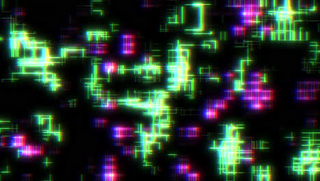 vibrant glowing squares pattern green, purple, blue on black background