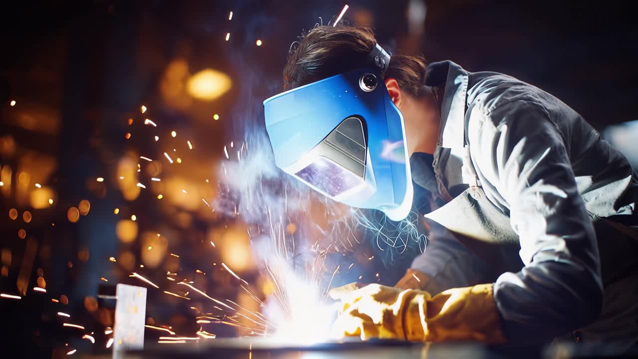 A Skilled Welder Working with Precision and Focus, Using Protective Gear to Create Sparks and Masterful Designs in an Intense Workspace