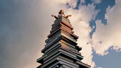 woman meditating on a stack of books