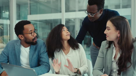 business people, woman and teamwork on laptop