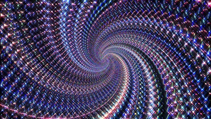 Rotující kruhové linie, abstraktní vícebarevný kaleidoskop na černém pozadí.