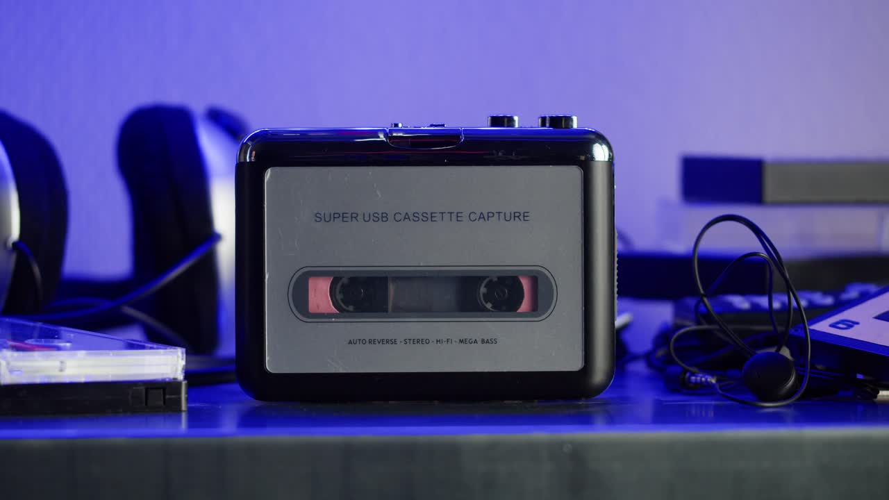 A person's hand inserts a cassette into a retro tape player amidst modern gadgets on a desk with a blue backdrop.