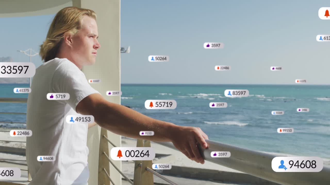 발코니에서 전경을 즐기는 백인 남성보다 더 많은 수를 가진 여러 디지털 아이콘