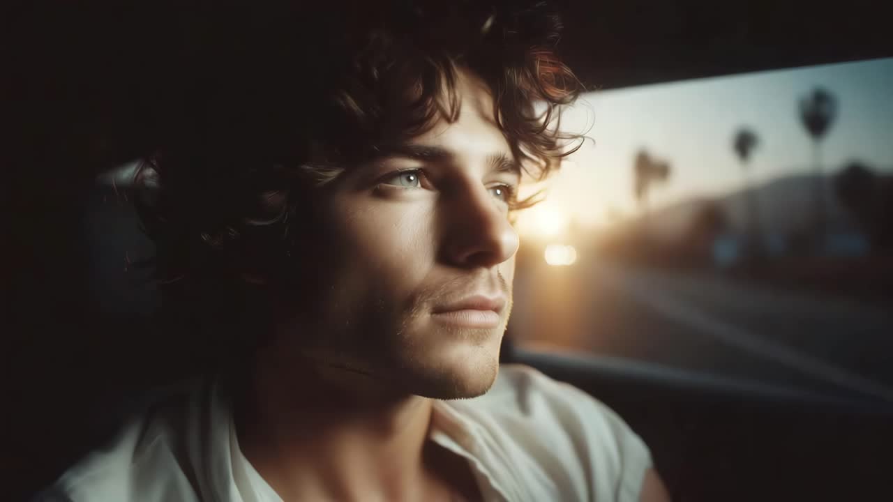 A man driving into the sunset