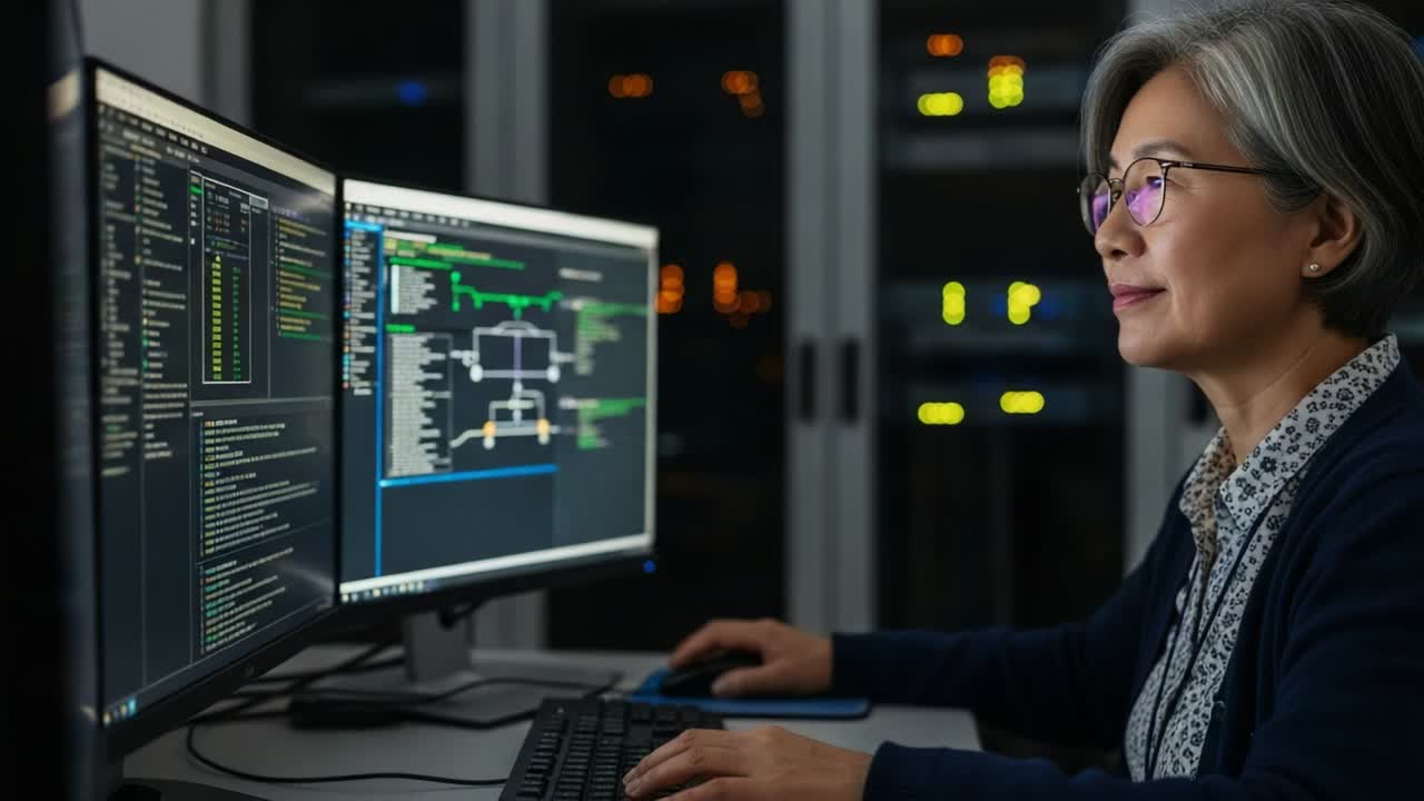 A focused individual engaged in coding and data analysis, immersed in multiple screens displaying various programming codes and visualizations during a late-night work session, exemplifying dedication and expertise in technology