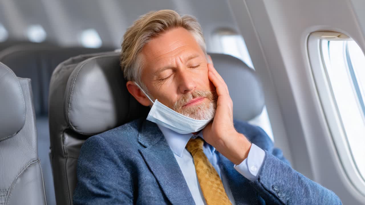 A Well-Dressed Passenger on an Airplane Displays Relaxation with a Mask on While Enjoying a Moment of Rest Against the Headset, Representing Travel Comfort and Safety
