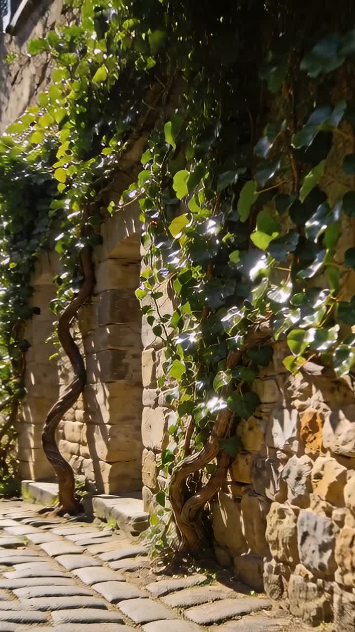 La telecamera si allontana, rivelando edera e tronchi di vite, mettendo in mostra i ciottoli, la luce solare che illumina l'architettura.