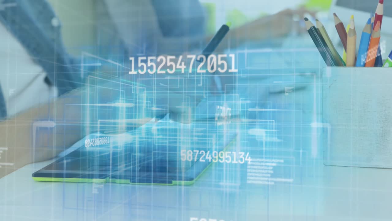 Animation of numbers changing over hands of caucasian designer working