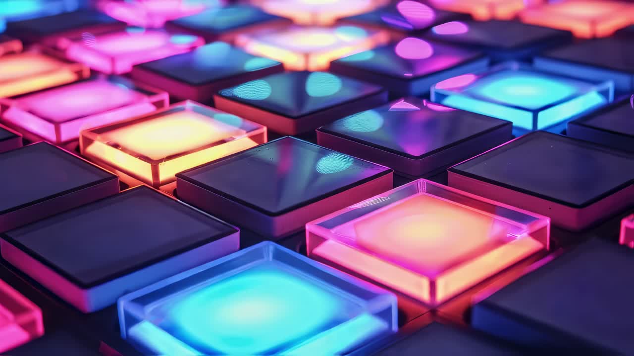 Vibrant geometric cubes transforming, shifting color dynamically in seamless looping animation creating abstract visual pattern for multimedia design