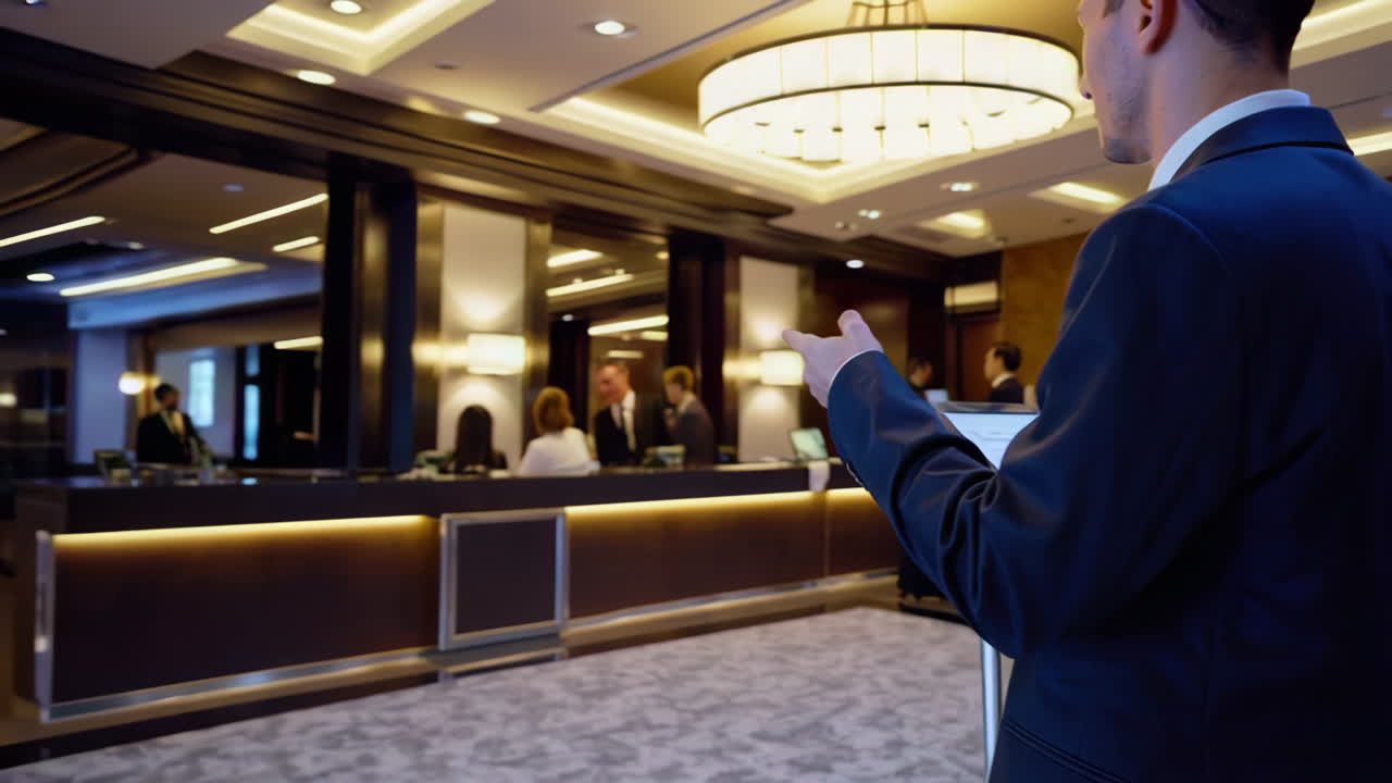 Hotel Lobby with Robot and Staff