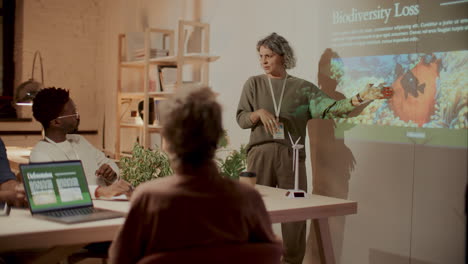 female speaker presenting on deforestation to group of colleagues at meeting