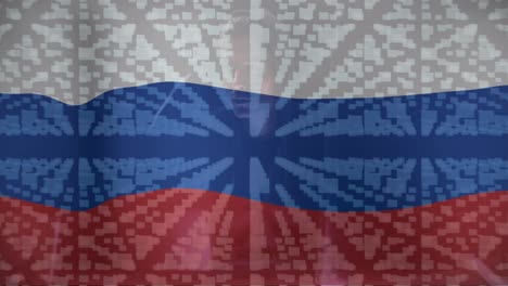 animation of caucasian male hacker, data processing and padlock over flag of russia