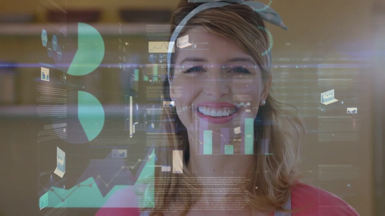 Vertical video: Woman posing in kitchen as overlays appearing over upper body showing recipe charts