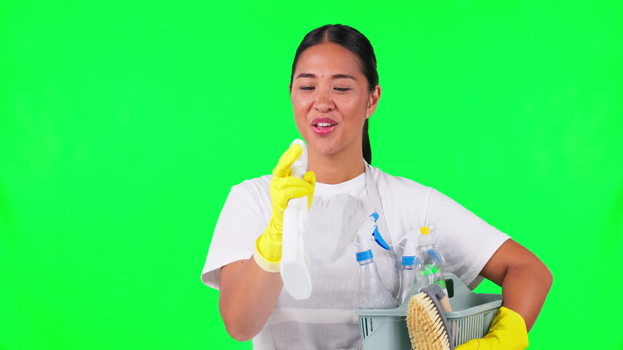 Woman, janitor and spray detergent
