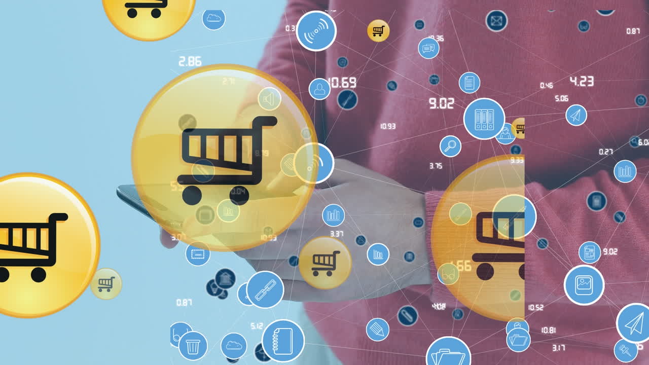 아이콘의 애니메이션과 스마트 폰을 사용하는 두 인종의 사업가에 대한 연결 네트워크