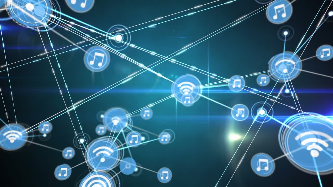 Animation of network of connections with icons over glowing spots