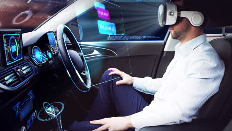 animación de burbujas de habla sobre un hombre de negocios que usa auriculares vr en un coche autónomo