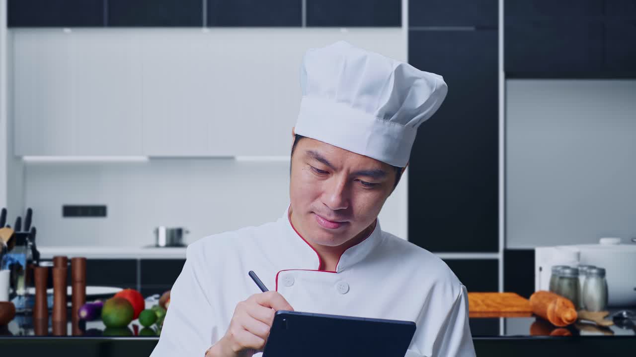 집 주방 에 서 있는 동안 태블릿 에 메모 를 하는 아시아인 요리사 의 근접 사진