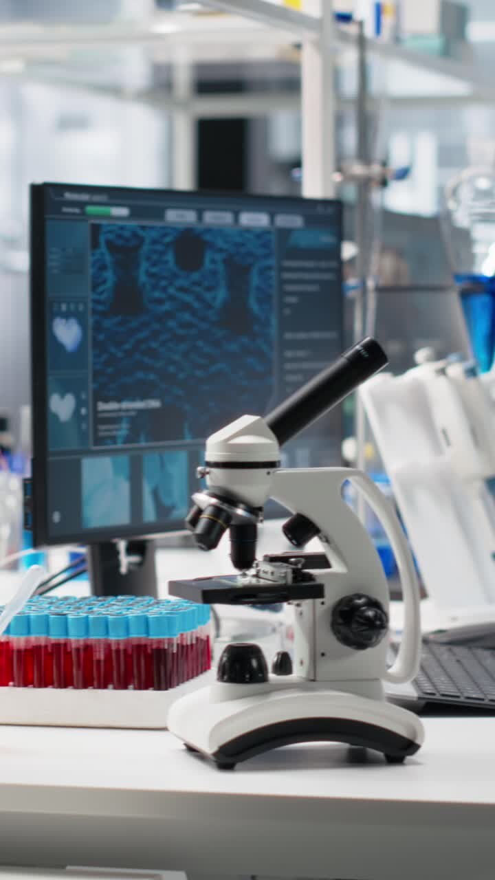 Vertical video Scientific microscope in medical laboratory used for cellular analysis