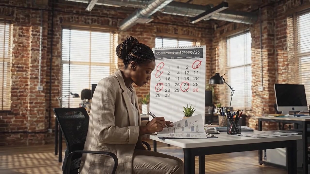 Focused Professional Woman Reviewing Documents in Modern Office Space with Calendar Highlighting Important Dates and Task Management on Her Desk