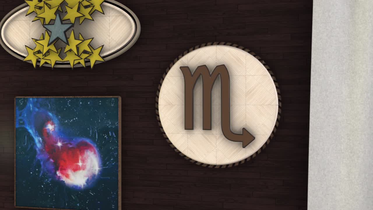 animación abstracta del signo astrológico. animación. animación del interior gráfico con signo del zodiaco en la pared. signo del zodiaco astrológico en la habitación para el bienestar y el equilibrio interior. zodiaco virgo