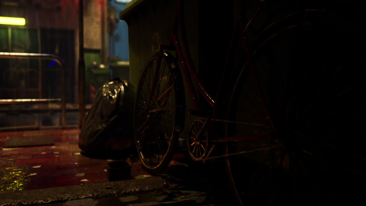 녹슬은 자전거가 어두운 골목길에 있는 쓰레기통 에 주차되어 있다