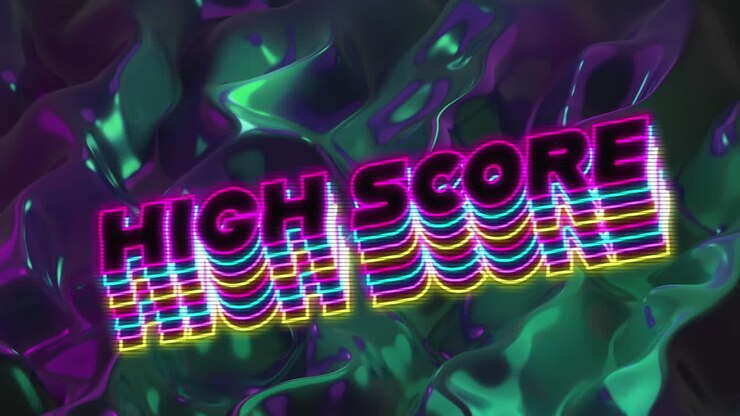 Animation of colourful, neon words High Score over blue and purple liquid background