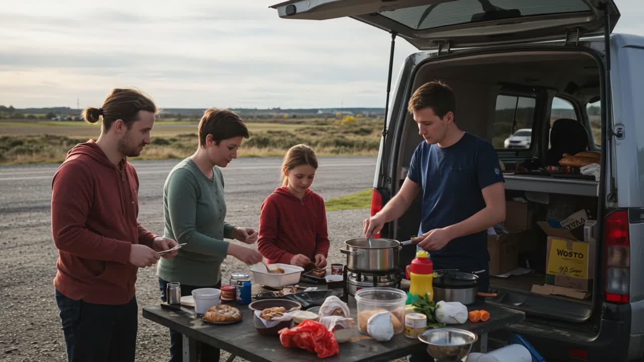 Enjoying a Scenic Outdoor Cooking Experience: Four Friends Prepare a Delicious Meal at a Campsite by Their Van Amidst Nature's Beauty