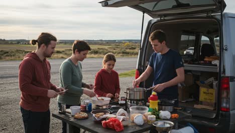 enjoying a scenic outdoor cooking experience: four friends prepare a delicious meal at a campsite by their van amidst nature's beauty