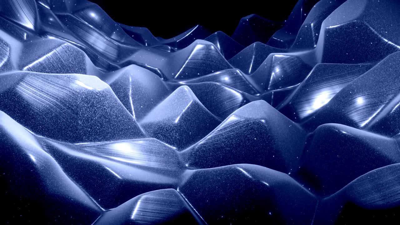 Stylish festive abstract black bg. Fantastical looped background, waves move on glossy surface like landscape made of liquid blue wax with sparkles. Beautiful soft background with smooth animation 4k