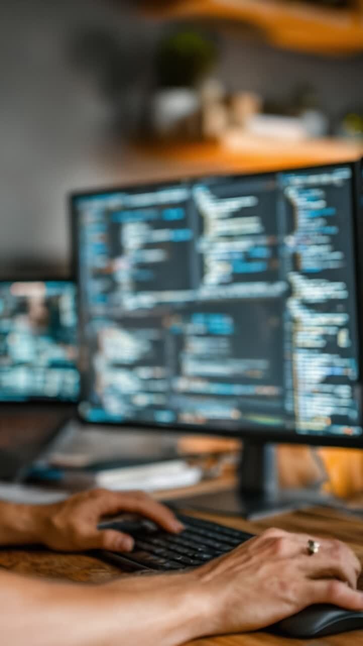Fokuseret udvikler arbejder med kompleks kode på flere skærme i et moderne arbejdsområde, mens kodningssoftware bruges til produktiv programmering